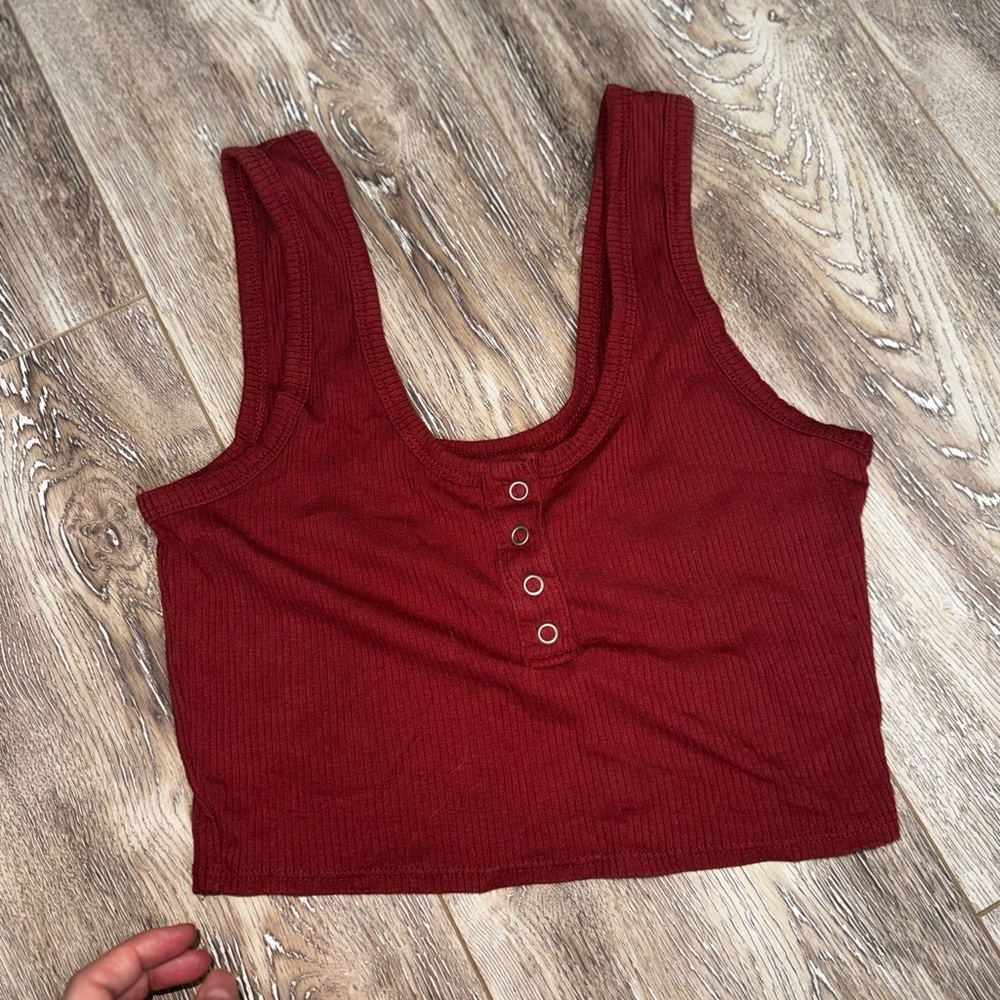 Ribbed Henley Crop Tank Top in Deep Red